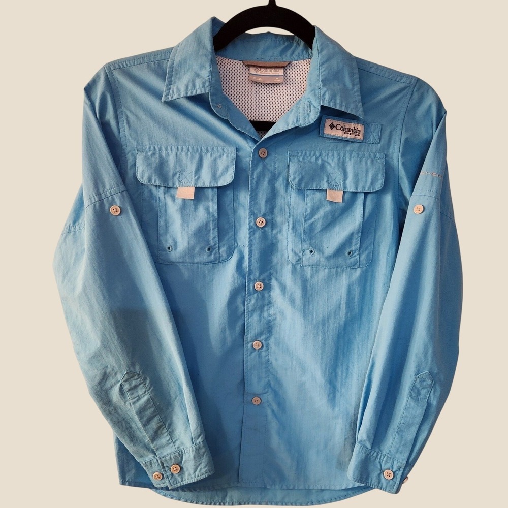 Columbia PFG Bahama Fishing Shirt Blue Boys Med 10/12 Outdoor Utility Gorpcore